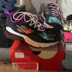 Nike Air Max 270 React in Purple, Teal, and Orange
